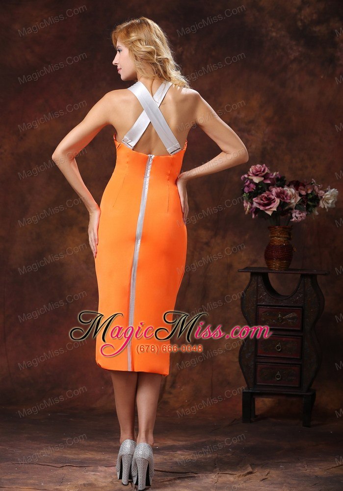 wholesale orange halter neckline satin dama dresses for quinceanera with tea-length