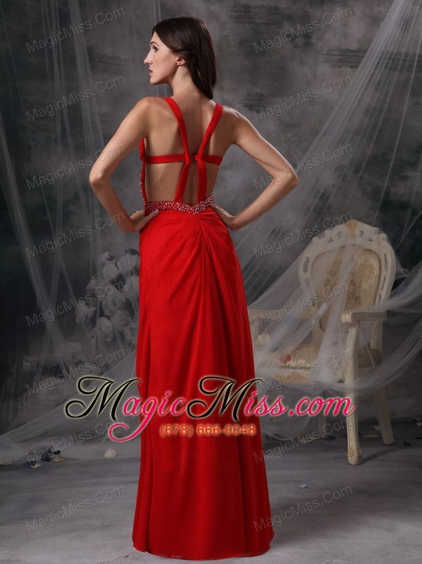 wholesale discount red empire straps prom / celebrity dress chiffon beading and ruch