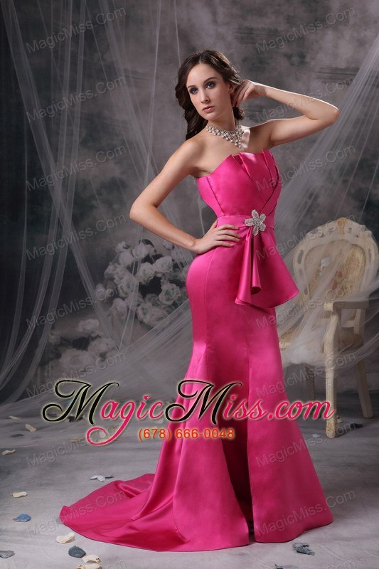 wholesale pretty hot pink mermaid evening dress strapless satin beading and ruch brush train