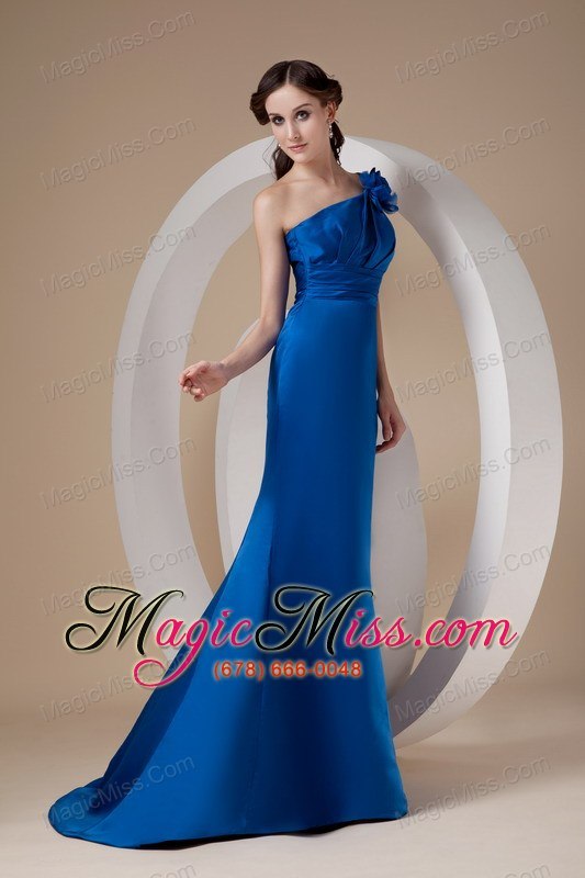 wholesale modest royal blue mermaid one shoulder prom dress satin hand made flower brush train