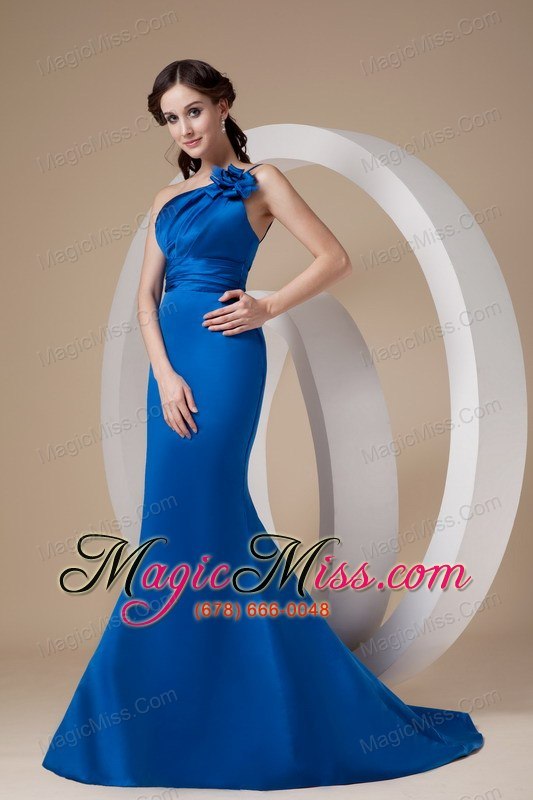 wholesale modest royal blue mermaid one shoulder prom dress satin hand made flower brush train