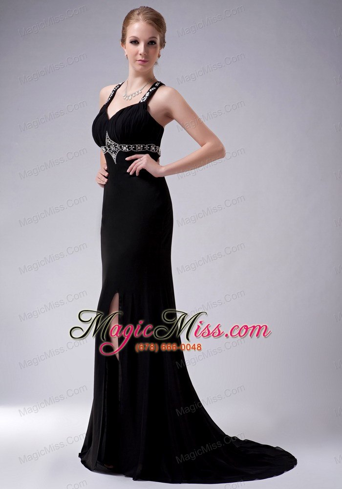 wholesale exquisite black a-line straps mother of the bride dress brush train chiffon beading