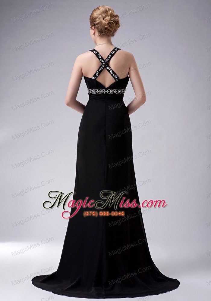 wholesale exquisite black a-line straps mother of the bride dress brush train chiffon beading