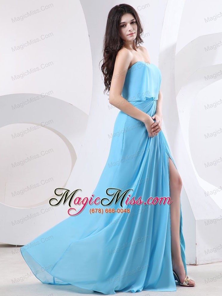 wholesale strapless and high slit for prom dress with baby blue and brush train