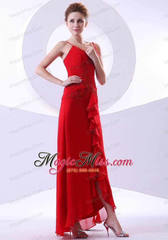 wholesale beading decorate bodice straps red chiffon ankle-length 2013 prom dress