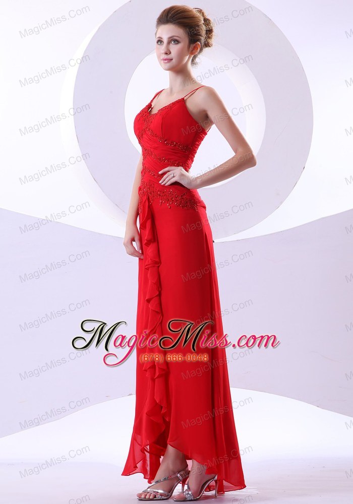 wholesale beading decorate bodice straps red chiffon ankle-length 2013 prom dress