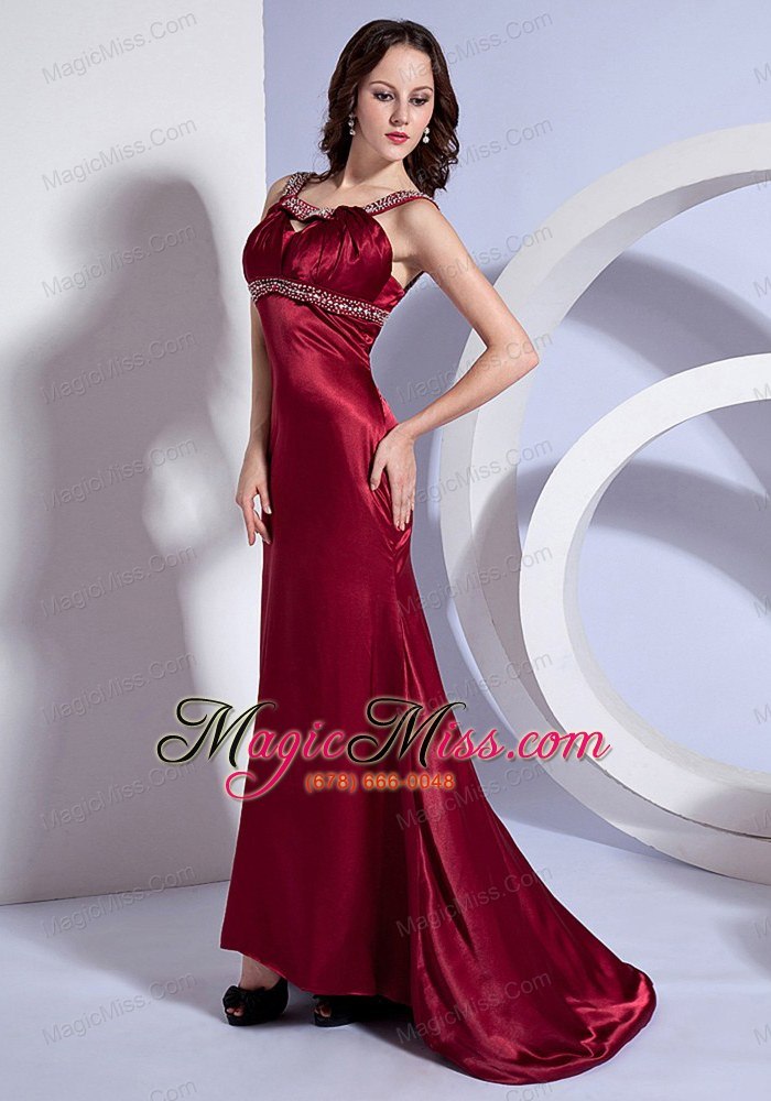 wholesale beading decorate bodice straps burgundy taffeta brush train 2013 prom dress