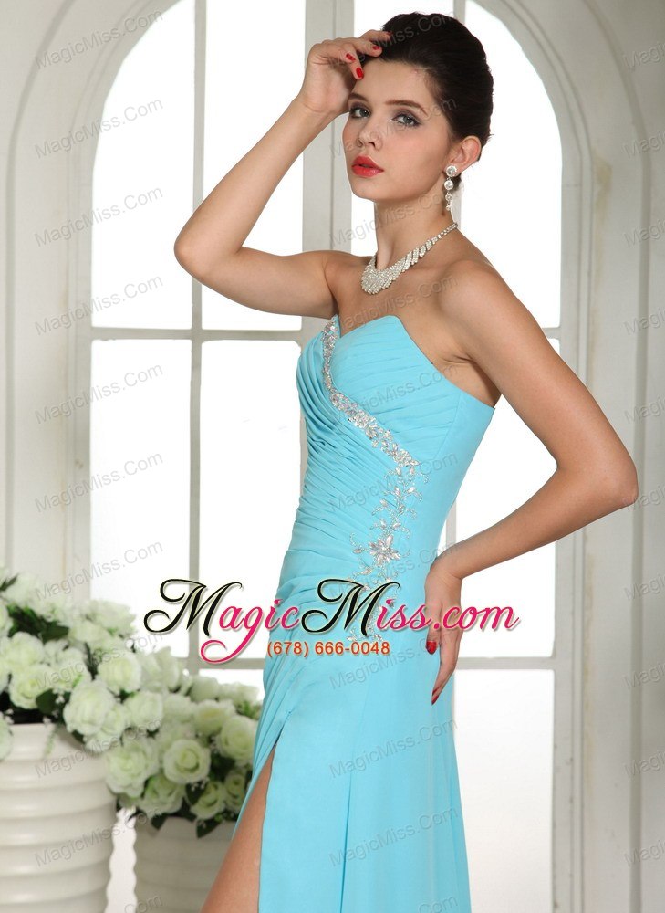 wholesale aqua blue high slit sweetheart beaded ruch 2013 prom dress for formal evening in joseph