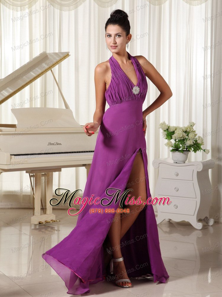 wholesale halter high slit ruched bodice purple prom dress floor-length