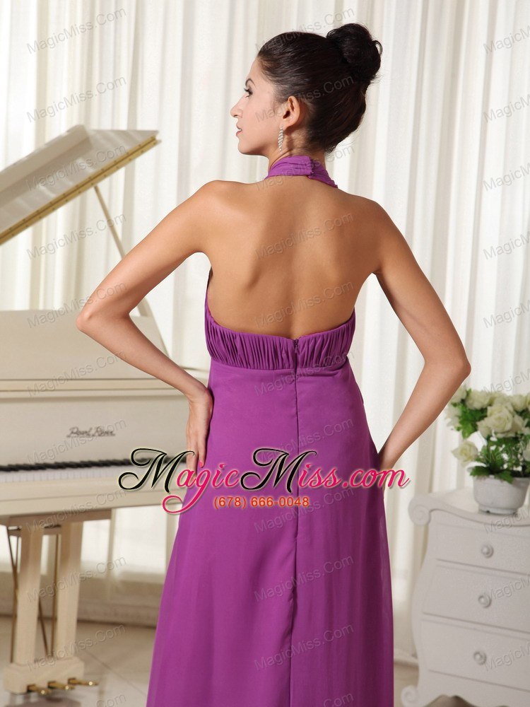 wholesale halter high slit ruched bodice purple prom dress floor-length