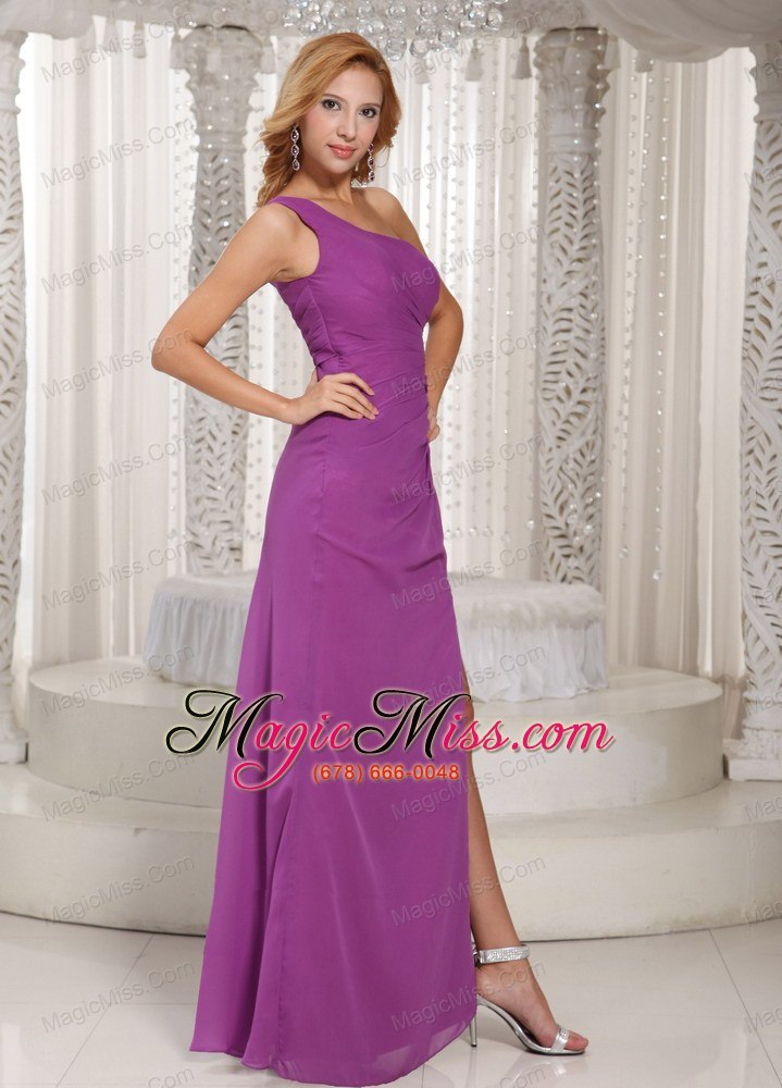 wholesale sexy high slit one shoulder long prom dress with fuchsia chiffon
