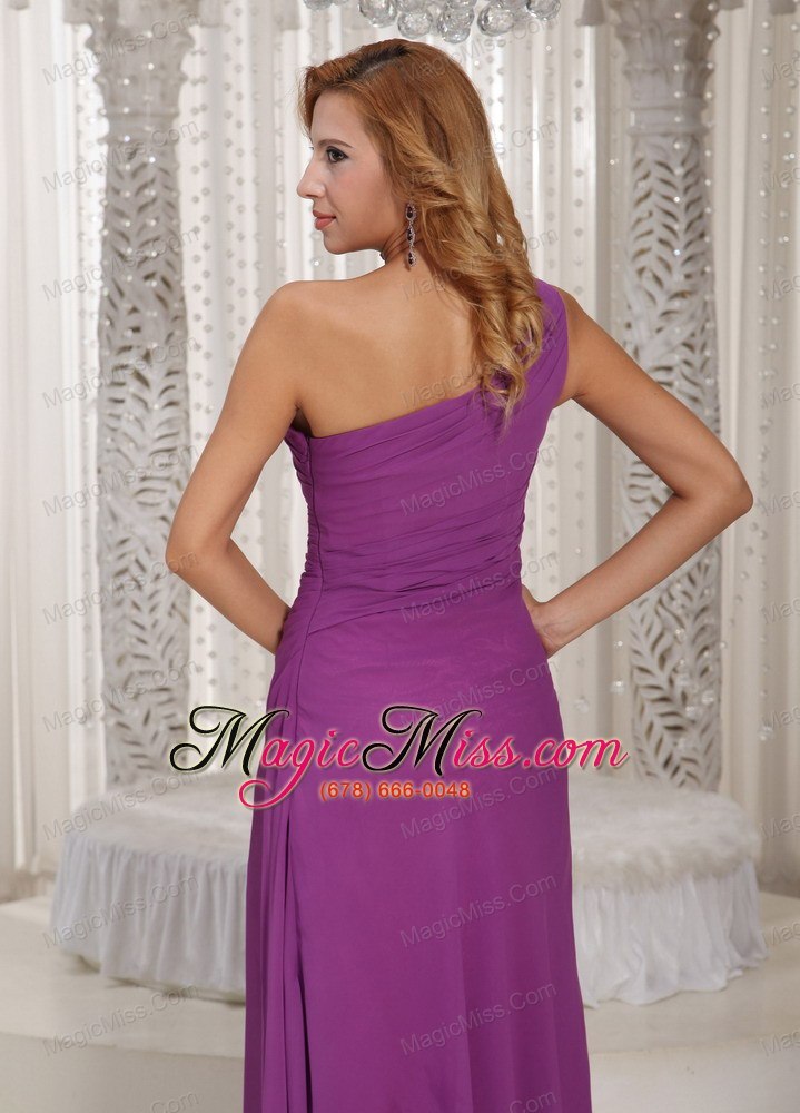 wholesale sexy high slit one shoulder long prom dress with fuchsia chiffon