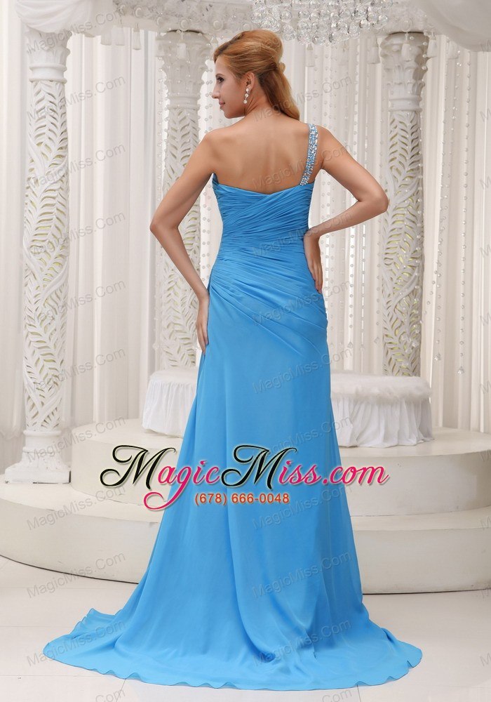 wholesale baby blue one shoulder prom / evening dress for 2013 brush train chiffon beading