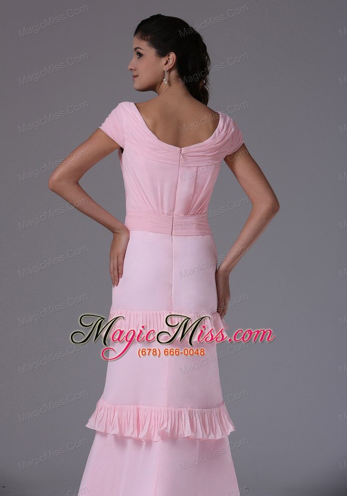 wholesale canton connecticut custom made baby pink scoop short sleeves column prom dress with ruffed layeres