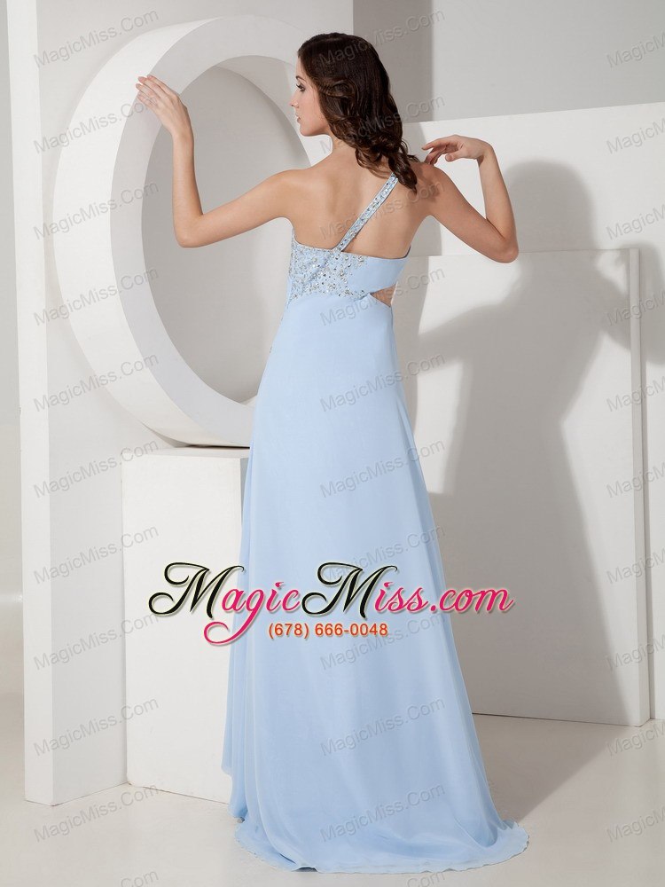 wholesale customize light blue empire one shoulder evening dress chiffon beading floor-length