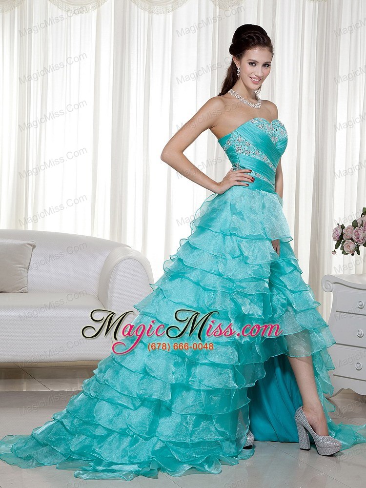 wholesale teal a-line sweetheart brush train organza beading prom / evening dress
