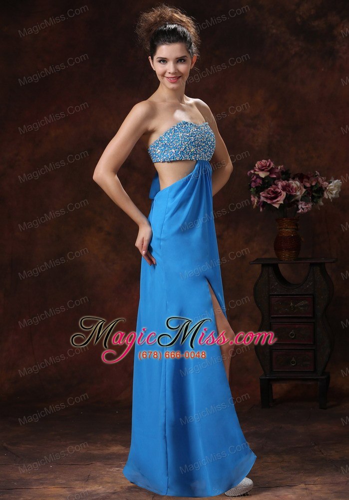 wholesale teal beaded decorate bust stylish evening dress with strapless chiffon