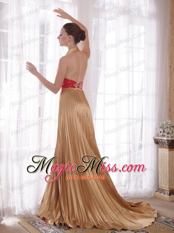 wholesale popular gold empire halter brush train elastic woven satin rhinestones prom dress