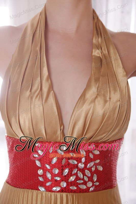 wholesale popular gold empire halter brush train elastic woven satin rhinestones prom dress