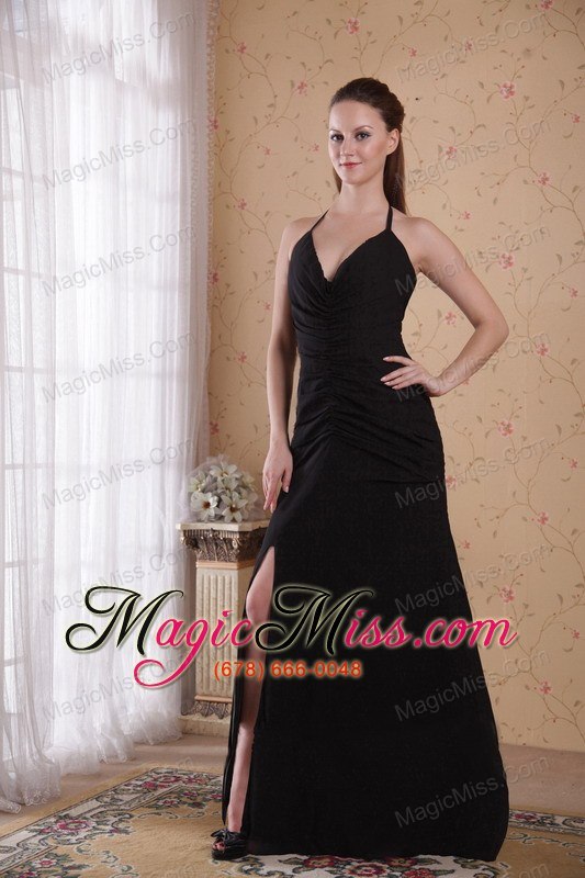wholesale black column / sheath halter brush chiffon ruch prom dress