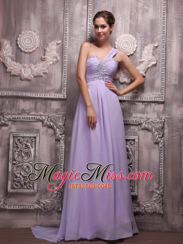 wholesale lilac empire one shoulder brush train chiffon beading prom / evening dress