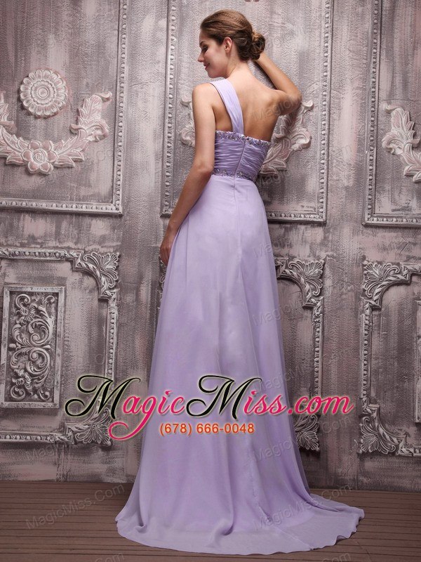 wholesale lilac empire one shoulder brush train chiffon beading prom / evening dress
