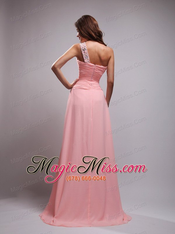 wholesale baby pink empire one shoulder brush train chiffon beading and ruch prom dress