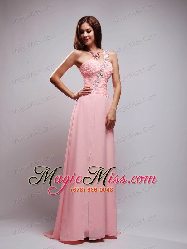 wholesale baby pink empire one shoulder brush train chiffon beading and ruch prom dress