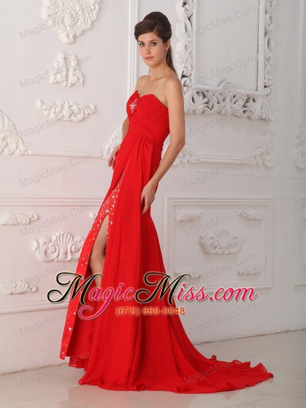 wholesale red column / sheath sweetheart sweep /brush train chiffon beading prom dress