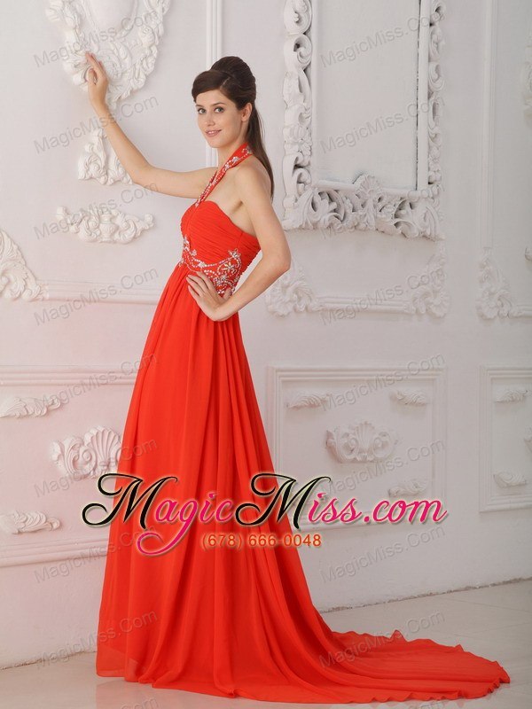 wholesale red empire halter court train chiffon beading red prom / evening dress