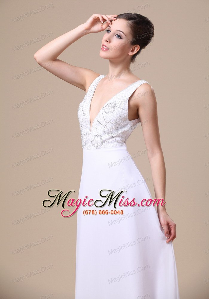 wholesale elegant v-neck empire beading chiffon prom dress white