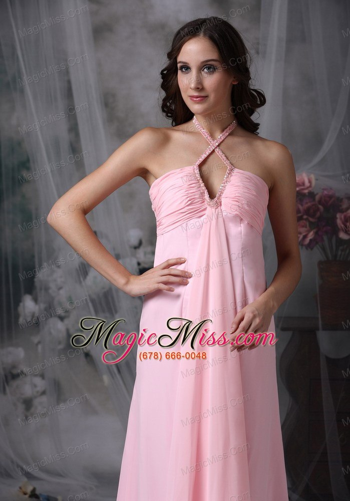 wholesale customize baby pink evening dress empire halter chiffon beading floor-length