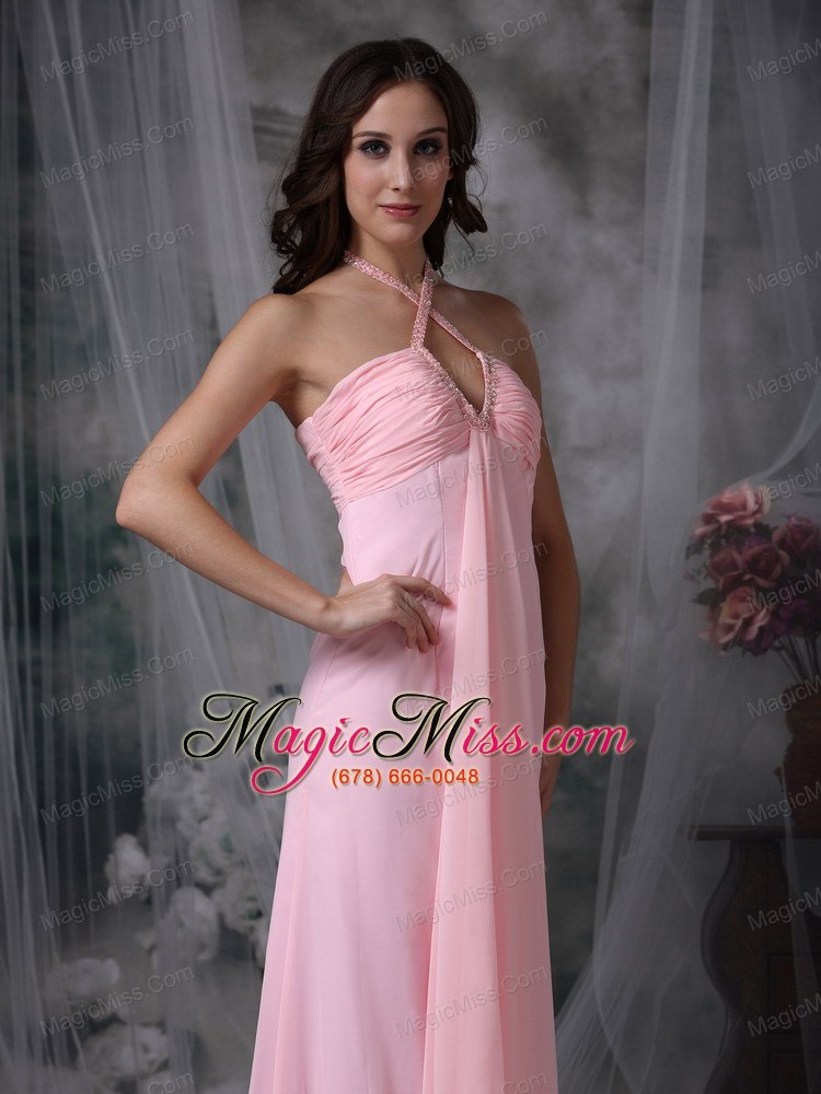 wholesale customize baby pink evening dress empire halter chiffon beading floor-length