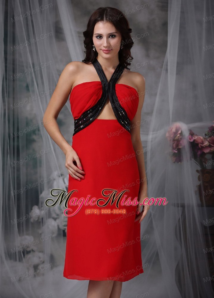 wholesale red and black column v-neck tea-length chiffon beading prom dress