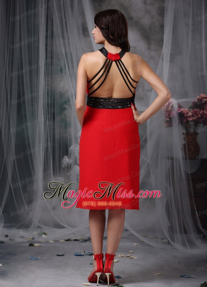 wholesale red and black column v-neck tea-length chiffon beading prom dress