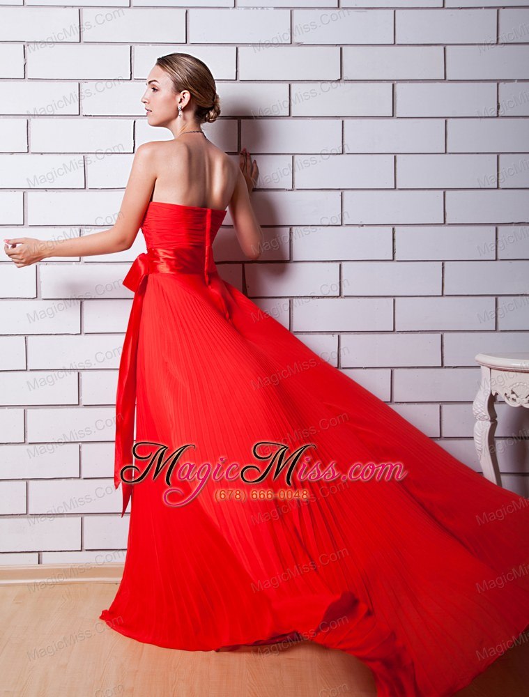 wholesale red column strapless prom dress chiffon pleat brush train