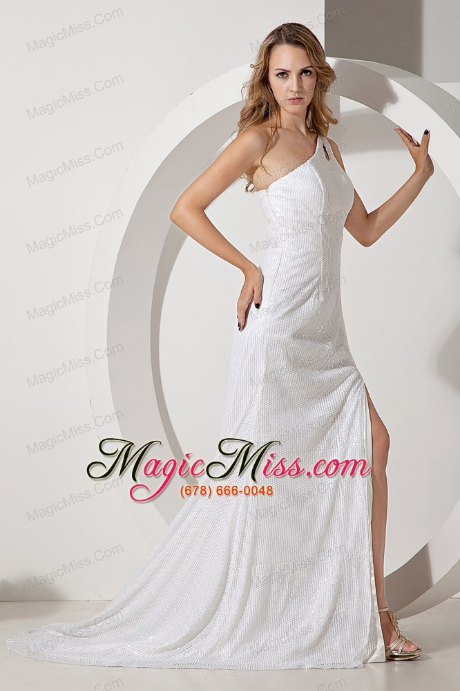 wholesale white column one shoulder prom dress brush train sequin