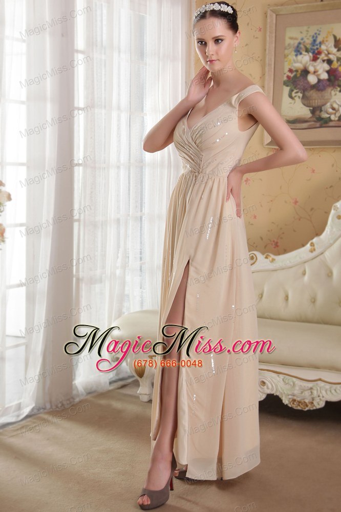 wholesale champagne empire v-neck ankle-length chiffon sequins prom dress