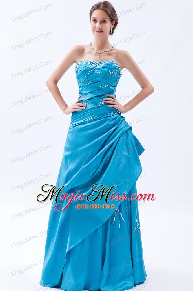 wholesale teal a-line / princess strapless floor-length taffeta beading prom dress