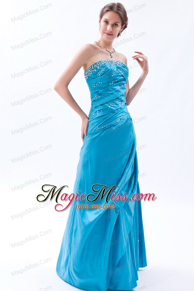wholesale teal a-line / princess strapless floor-length taffeta beading prom dress