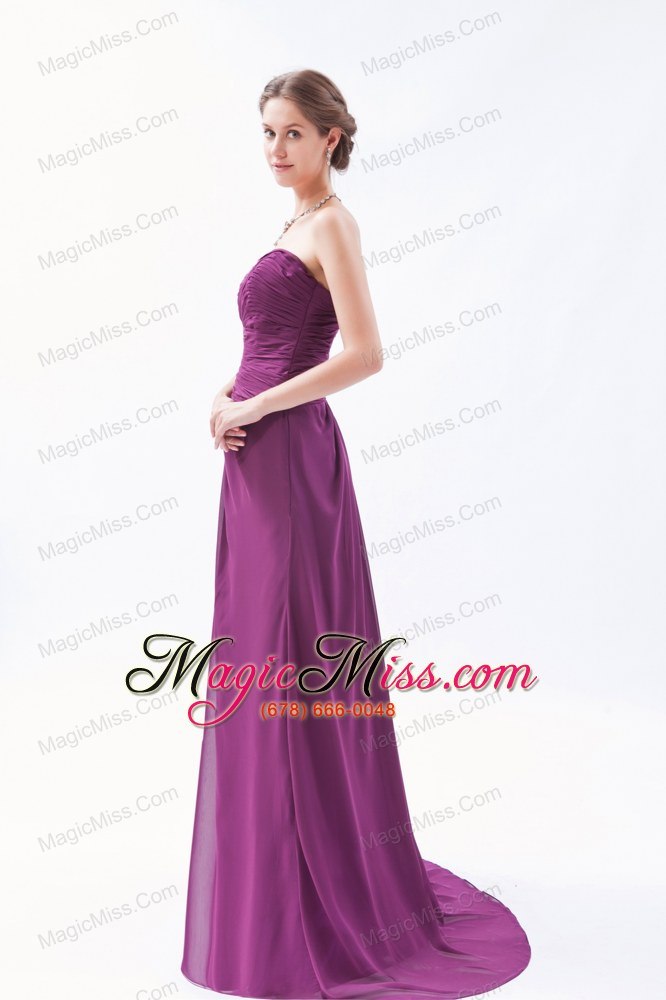 wholesale dark purple empire sweetheart brush train chiffon ruch bridesmaid dress