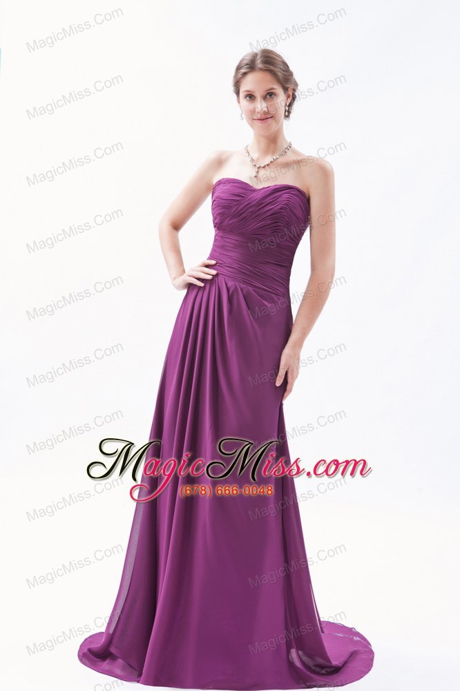 wholesale dark purple empire sweetheart brush train chiffon ruch bridesmaid dress
