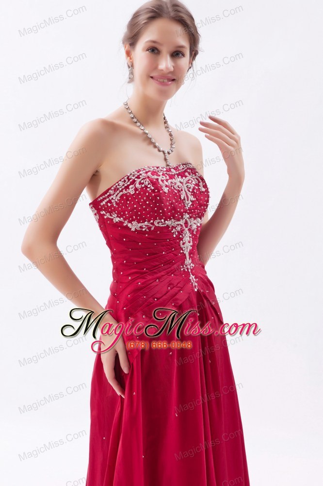 wholesale coral red column / sheath strapless floor-length satin embroidery with beading prom dress