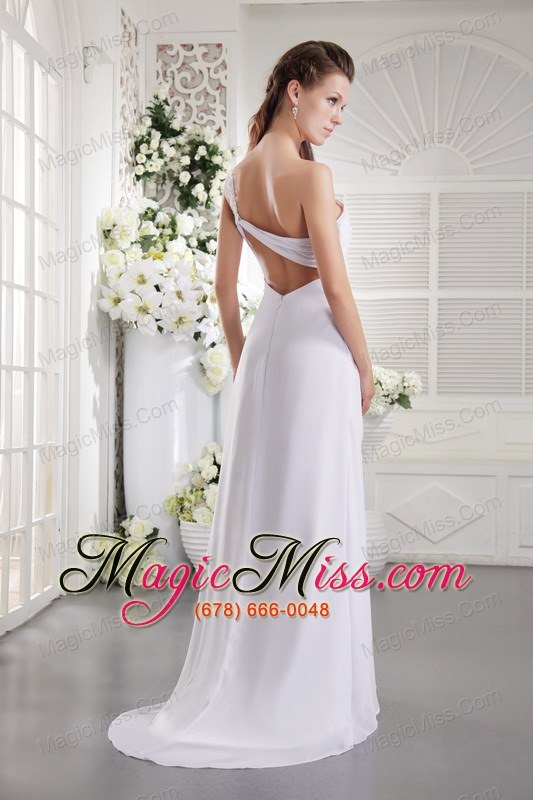 wholesale white empire one shoulder brush train chiffon ruch and appliques prom / graduation dress