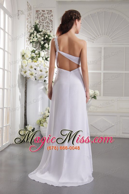 wholesale white empire one shoulder brush train chiffon ruch and appliques prom / graduation dress