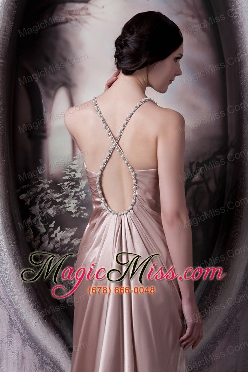 wholesale light pink column straps brush train elastic woven satin beading prom dress