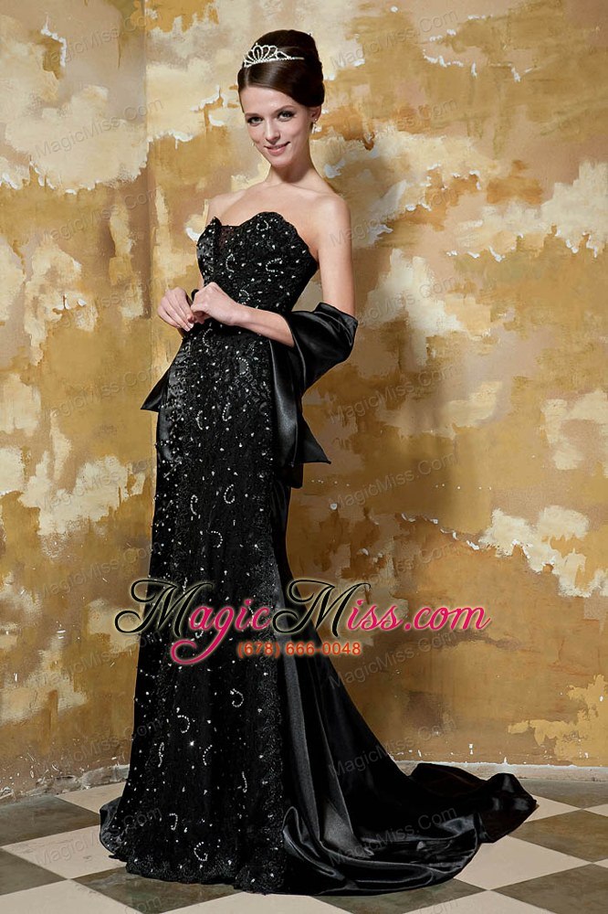 wholesale black column sweetheart brush train taffeta sequins prom dress