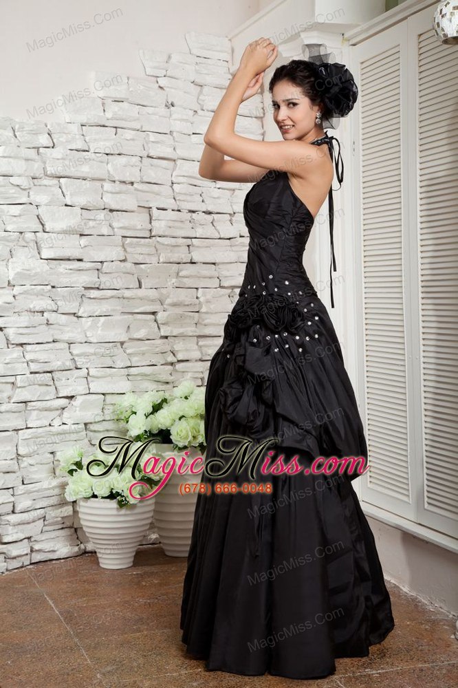 wholesale exquisite black dress a-line halter taffeta hand made flowers floor-length