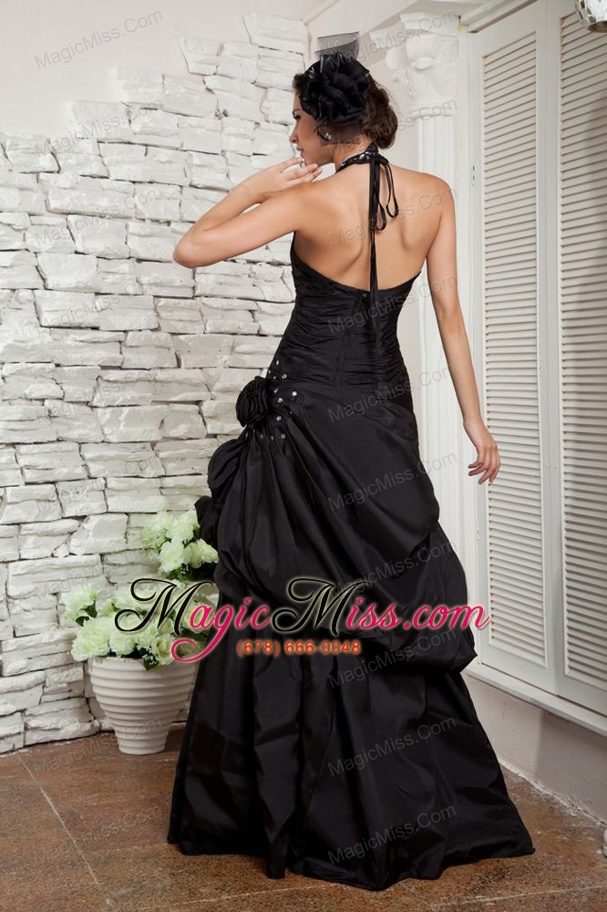 wholesale exquisite black dress a-line halter taffeta hand made flowers floor-length