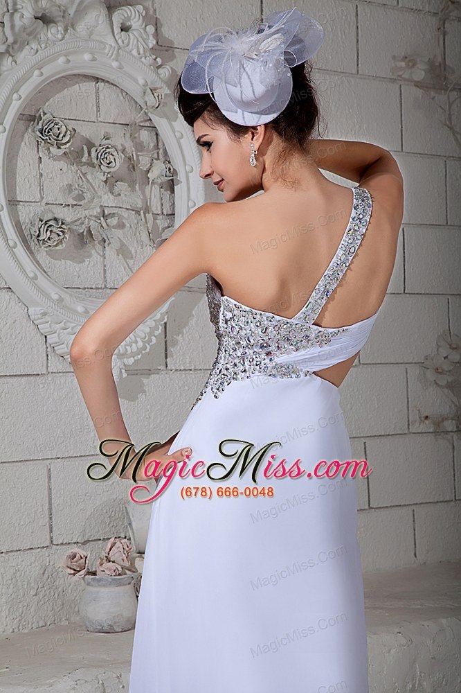 wholesale elegant white empire one shoulder prom dress chiffon beading brush train